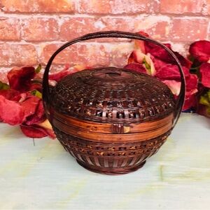 Antique Early 20th Century Chinese Wicker Rattan Sewing Basket
